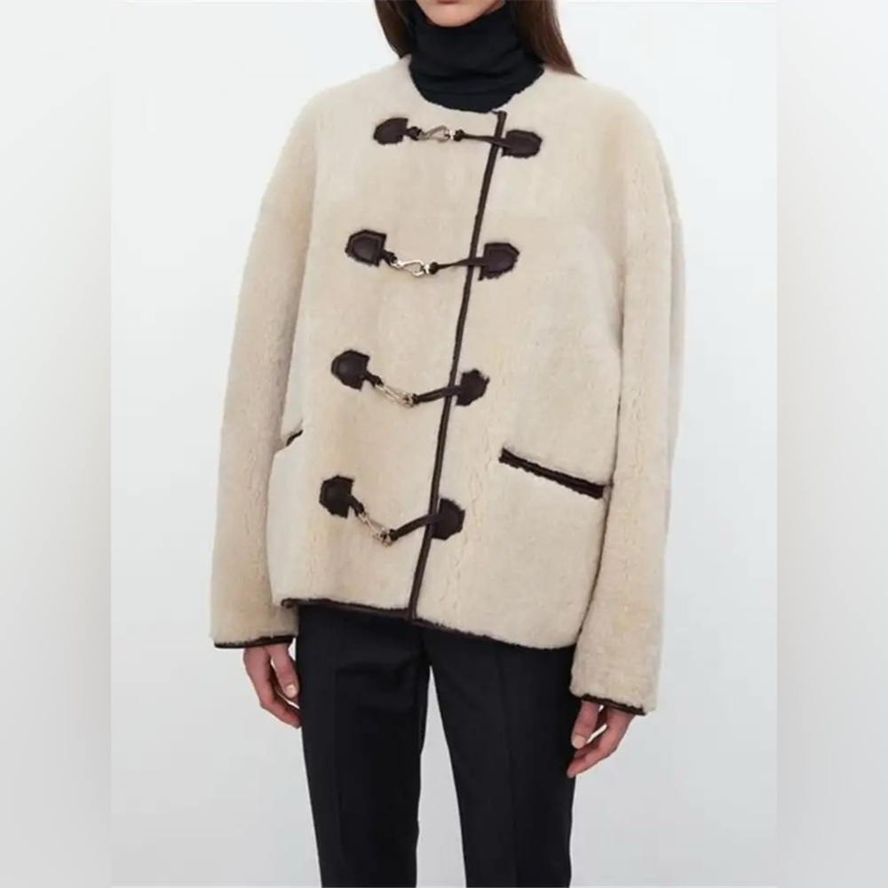 Cream shearling hook closure faux fur oversized jacket